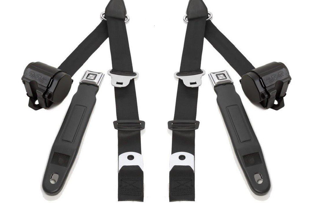 Seat Belt Set, 3 Point Retracting, Black With Chrome Push Button Release.